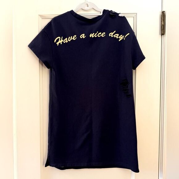 Honey Punch Navy distressed crew nwck sweatshirt dress w Smiley Face S - Picture 2 of 11